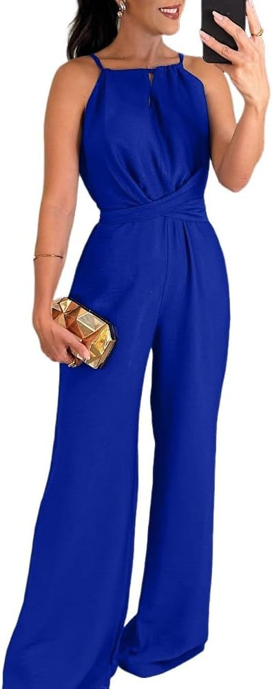CHICME Women's Sexy Halter Jumpsuits Sleeveless Casual Ruched Rompers Wide Leg Jumpsuit | Amazon (US)