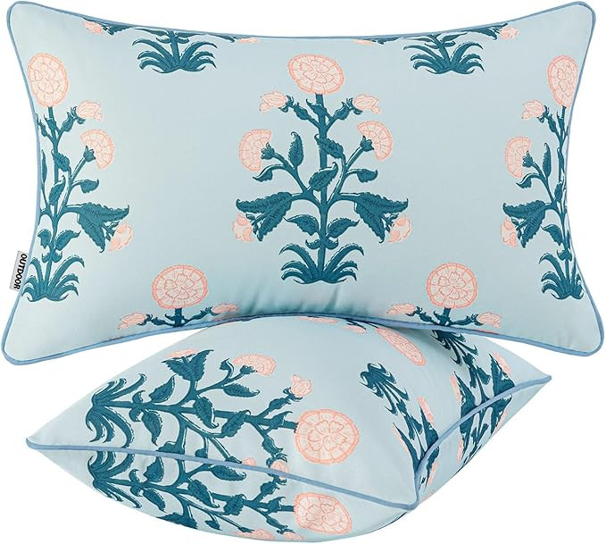 MIULEE Floral Outdoor Lumbar Pillows with Inserts Set of 2 12x20,Waterproof Decorative Outdoor Th... | Amazon (US)