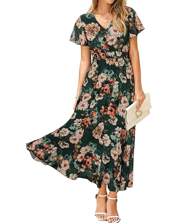 Simplee Womens Floral Maxi Dress - Short Sleeve Summer Boho Wedding Guest Dress Empire Waist Chif... | Amazon (US)