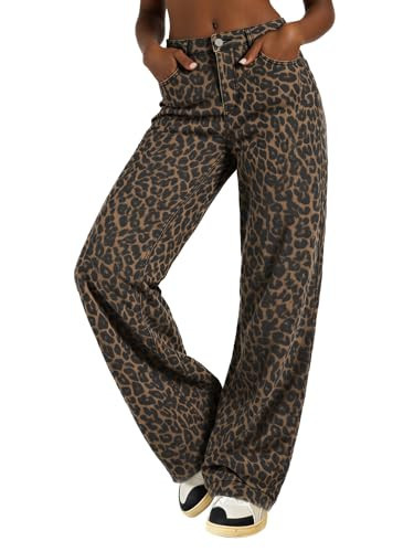 EMMIOL Baggy Jeans for Women Mid-Low Waist Streetwear Jeans Wide Leg Denim Pants Brown Leopard Print,3XL | Amazon (US)