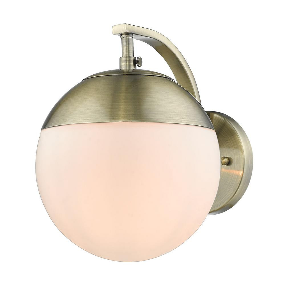 Golden Lighting Dixon 1-Light Aged Brass with Opal Glass and Aged Brass Cap Sconce | The Home Depot