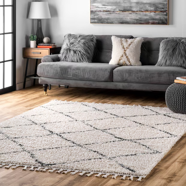 Off White Moroccan Lattice Tassel Area Rug | Rugs USA