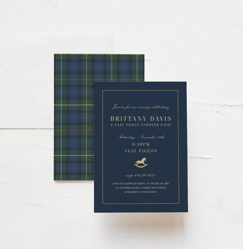 Classic Baby Shower Invitation, Navy Plaid, Rocking Horse, Timeless, Baby Sprinkle - Etsy | Etsy (US)