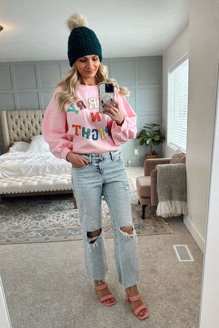 Holiday Style in pink! Wearing Judith March Pink sweatshirt - 30% off for Cyber week! Also wearing Express Mom jeans and Pink Paily heels by Dolce Vita! (Whole outfit is marked down for cyber week!)

#LTKunder50 #LTKHoliday #LTKsalealert