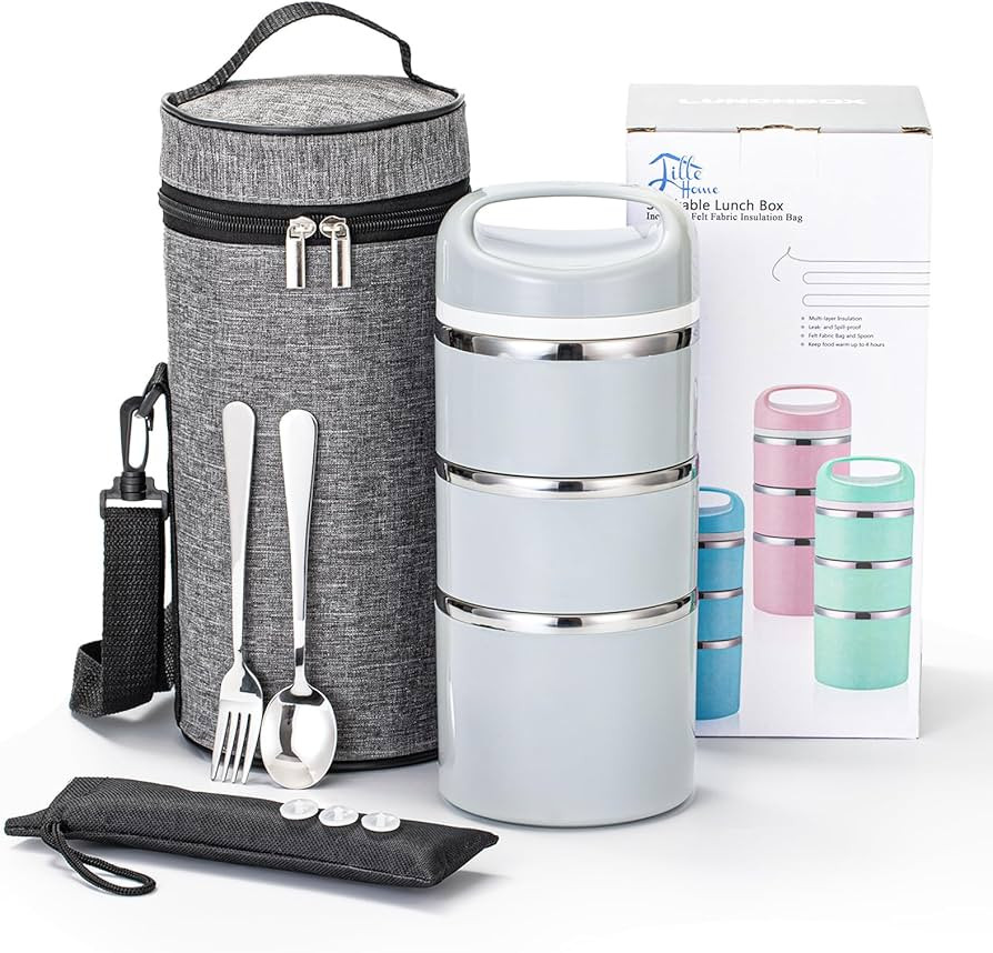 Lille Home Stackable Stainless Steel Thermal Compartment Lunch/Snack Box, 3-Tier Insulated Bento/... | Amazon (US)