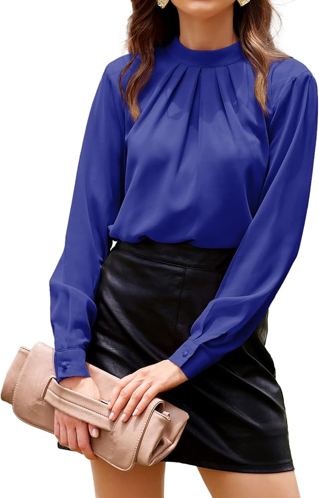 SoTeer Womens 2023 Long Sleeve Tops Chiffon Fall Blouse High Neck Casual Shirts Layered Dress | Amazon (US)