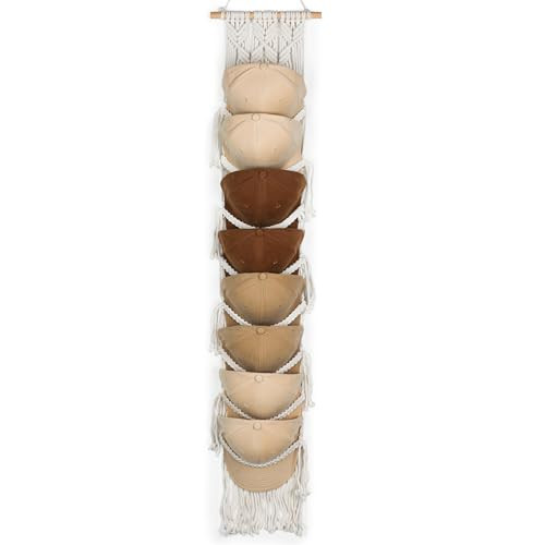 Funria Macrame Hat Hangers for Wall Handmade Boho Baseball Cap Hanger Hand Knitting Cap Organizer Hat Holder for Wall Over Door Ball Hat Rack for Decoration Wardrobe Living Room Bedroom | Amazon (US)
