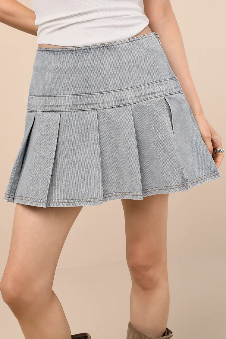 Khine Light Wash Denim Pleated Low-Rise Mini Skirt | Lulus