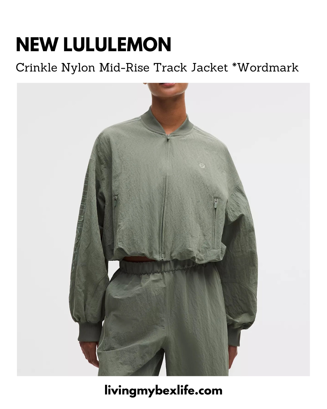 NEW LULULEMON: Crinkle Nylon Track Jacket *Wordmark 

The perfectly cropped full-zip jacket ... with a matching relaxed-fit track pant for an easy set! 

Crinkle Nylon Track Jacket *Wordmark and Crinkle Nylon Track Pant *Wordmark in colors Black/White and Willow Leaf/Fog Green. 

 #LTKActive #LTKOver40 #LTKTravel
