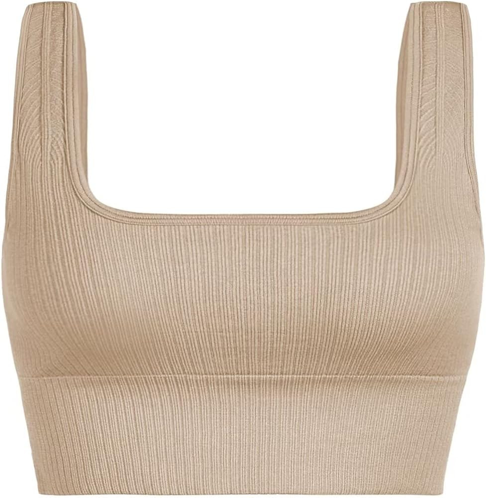 INIBUD Women's Sports Bra Padded Workout Set Crop Tank Tops Bralette Ribbed Seamless Gym Longline | Amazon (US)