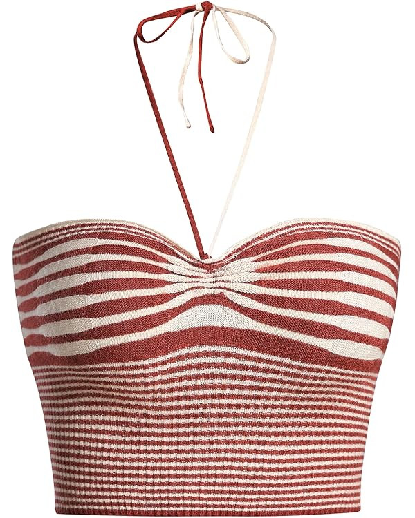 SweatyRocks Women's Striped Tie Backless Halter Top Sleeveless Knitted Crop Cami Tank | Amazon (US)