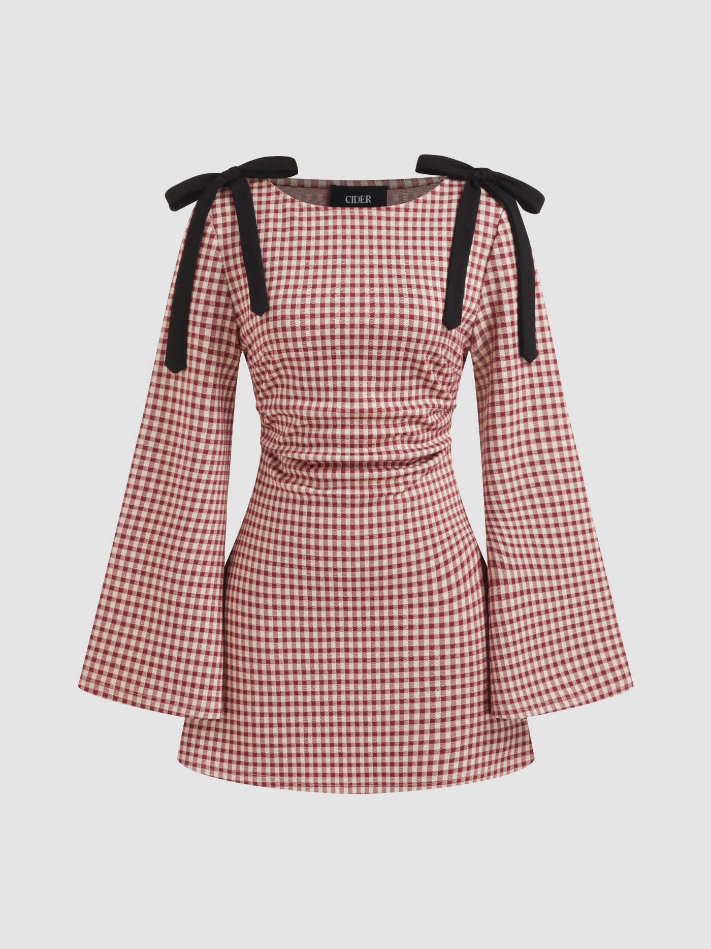 Cotton-blend Boat Neck Gingham Bowknot Ruched Mini Dress | Cider