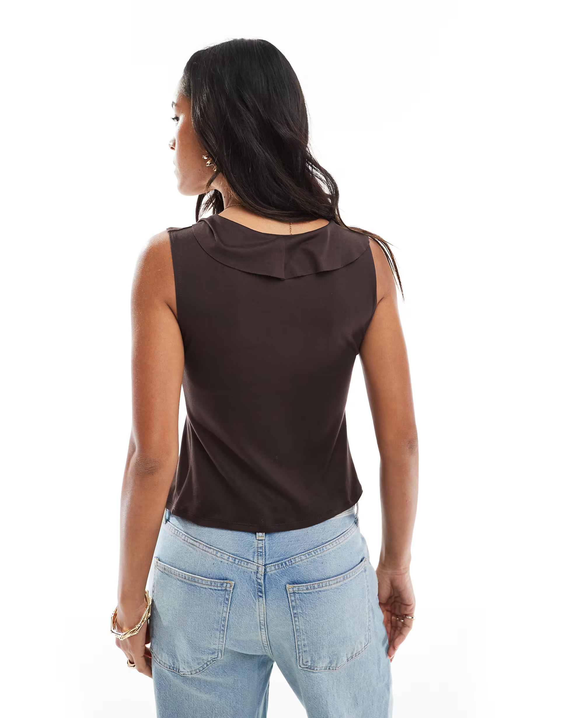 Miss Selfridge ruffle tie front sleeveless top in brown | ASOS | ASOS (Global)