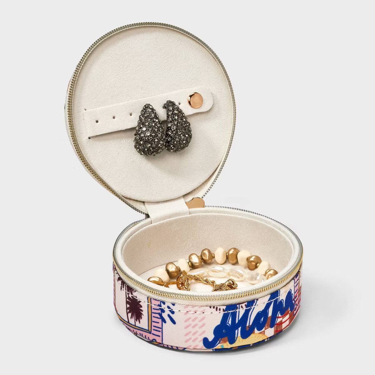 Small Round Printed Travel Jewelry Organizer - A New Day™ Off-White/Blue/Red | Target