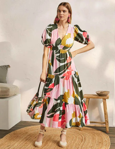 Puff Sleeve Tiered Maxi Dress - Ivory Abstract Bloom | Boden (US)
