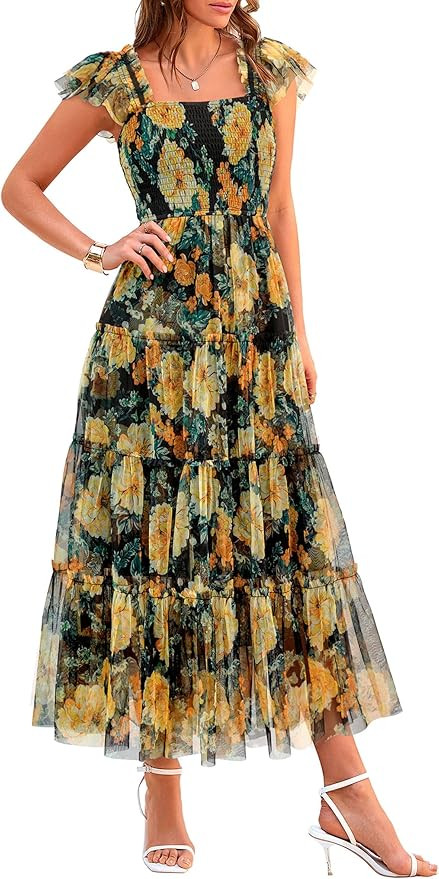 PRETTYGARDEN Women's Summer Tulle Midi Dress Sleeveless Smocked Ruffle Mesh Flowy Dresses Party W... | Amazon (US)