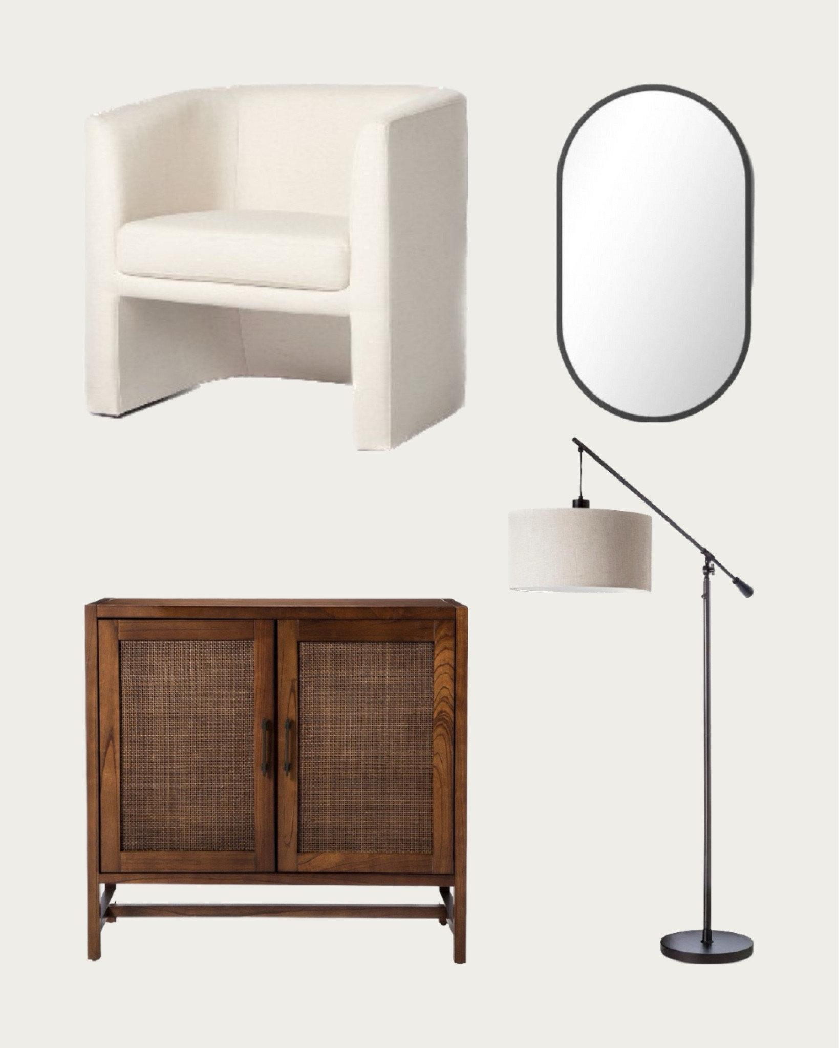 Living room decor for relaxing days: white upholstered armchair, black oval mirror, hardwood rattan cabinet furniture and cantilever floor lamp. Stylish living room design idea for your new home. #targethome #target

#LTKhome