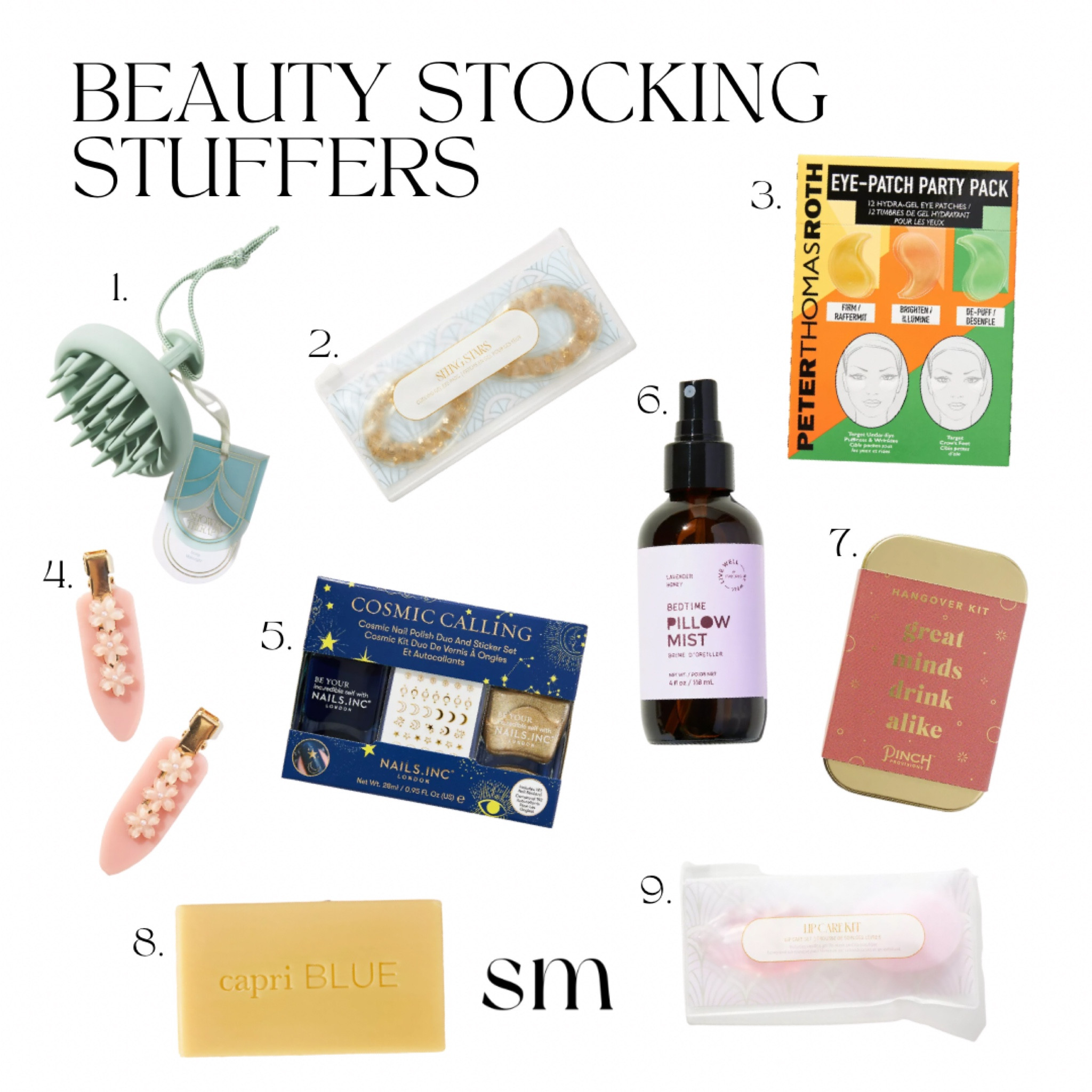 Beauty Stocking Stuffers

Face mask, scalp massager, eye mask, pillow spray, hair clips, nail polish gift set, lip mask 

#LTKSeasonal #LTKbeauty #LTKHoliday