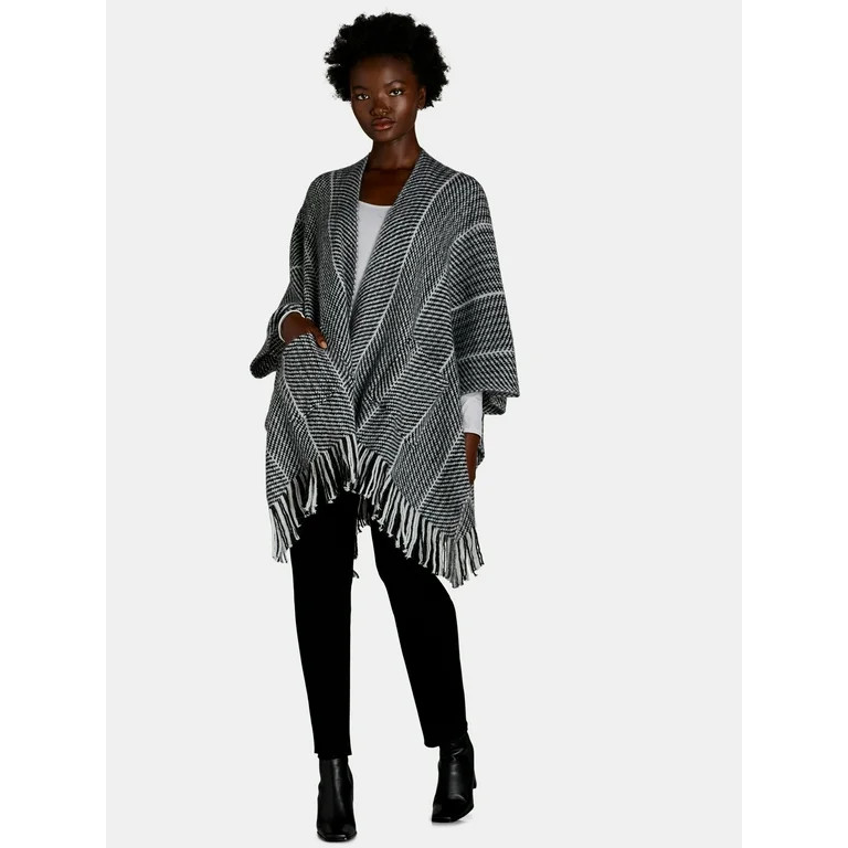 Time and Tru Women's Fashion Ruana, One Size, Black White - Walmart Fashion Winter, Walmart Style | Walmart (US)