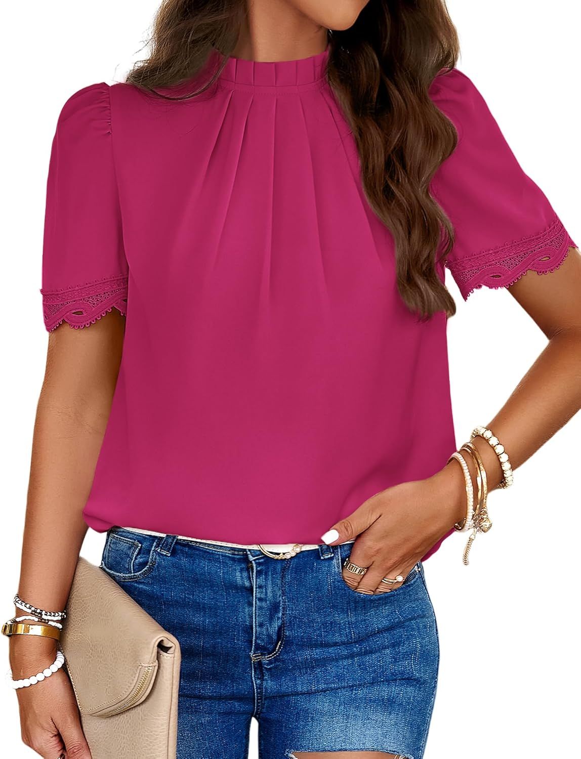 BTFBM Women's Spring Tops 2024 Pleated Mock Neck Lace Trim Short Sleeve Summer Shirts Dressy Casu... | Amazon (US)