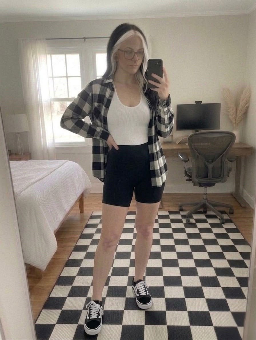 The ultimate effortless, comfort-first everyday look! Pairing a classic white tank and black biker shorts with an open monochrome buffalo check flannel and matching sneakers creates the perfect balance of casual and cool. Ideal for running errands, casual work-from-home days, or weekend coffee runs.

#LTKootd #LTKSeasonal #LTKMidsize