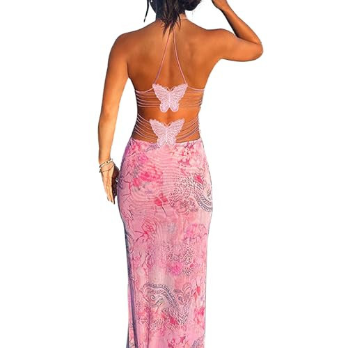 ABYOVRT Women Backless Butterfly Dress Sexy V Neck Sleeveless Open Back Maxi Dress Party Cocktail Bodycon Long Dress (Pink,L) | Amazon (US)