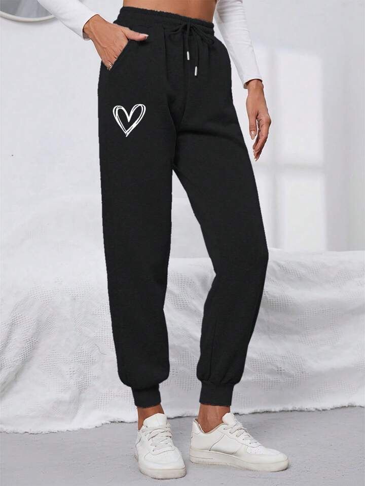 SHEIN LUNE Heart Print Drawstring Waist Sweatpants | SHEIN