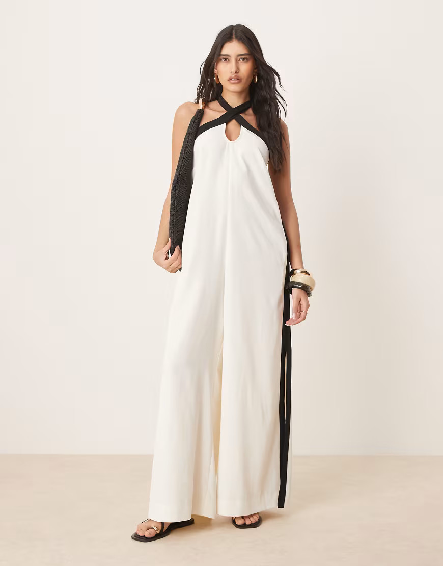 ASOS DESIGN cross halter contrast split leg jumpsuit in cream-White | ASOS (Global)