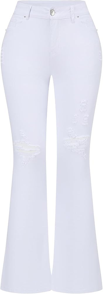 THUNDER STAR Womens Stretchy Mid Rise Flare Jeans Distressed Denim Bell Bottom Pants | Amazon (US)