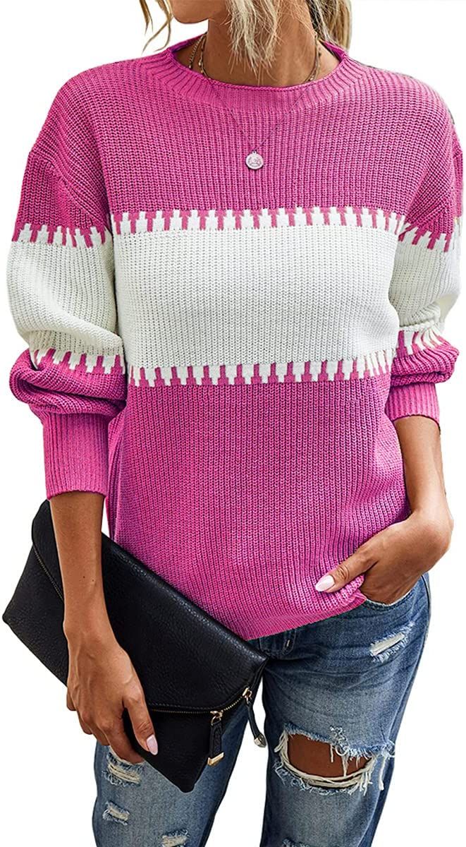 Womens Color Block Knit Sweater Long Sleeve Crewneck Loose Jumper Pullover Tops | Amazon (US)