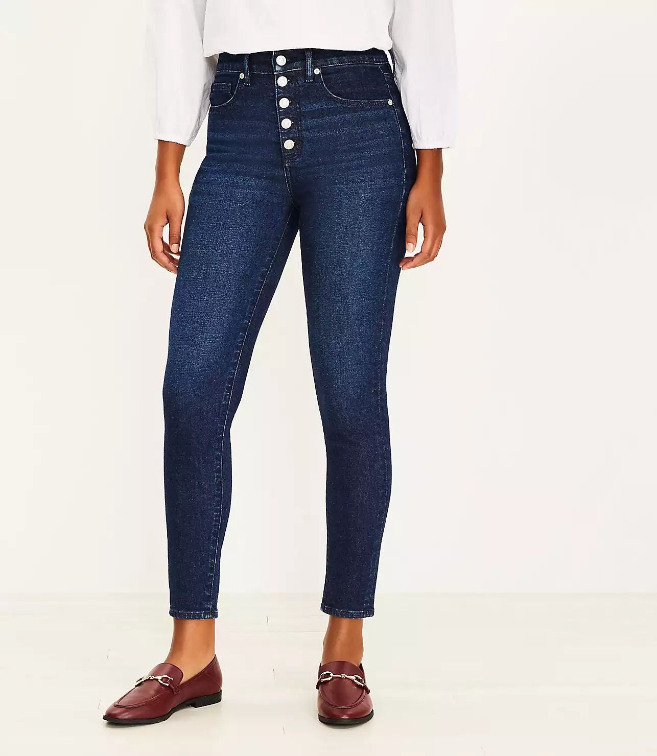 Button Front High Rise Skinny Jeans in Dark Indigo Wash | LOFT