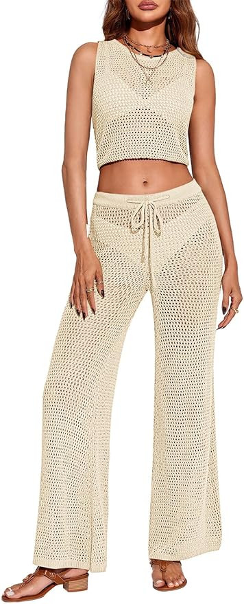 Saodimallsu Womens 2 Piece Crochet Swimsuit Cover Up Sleeveless Crop Top Drawstring Long Pants Se... | Amazon (US)