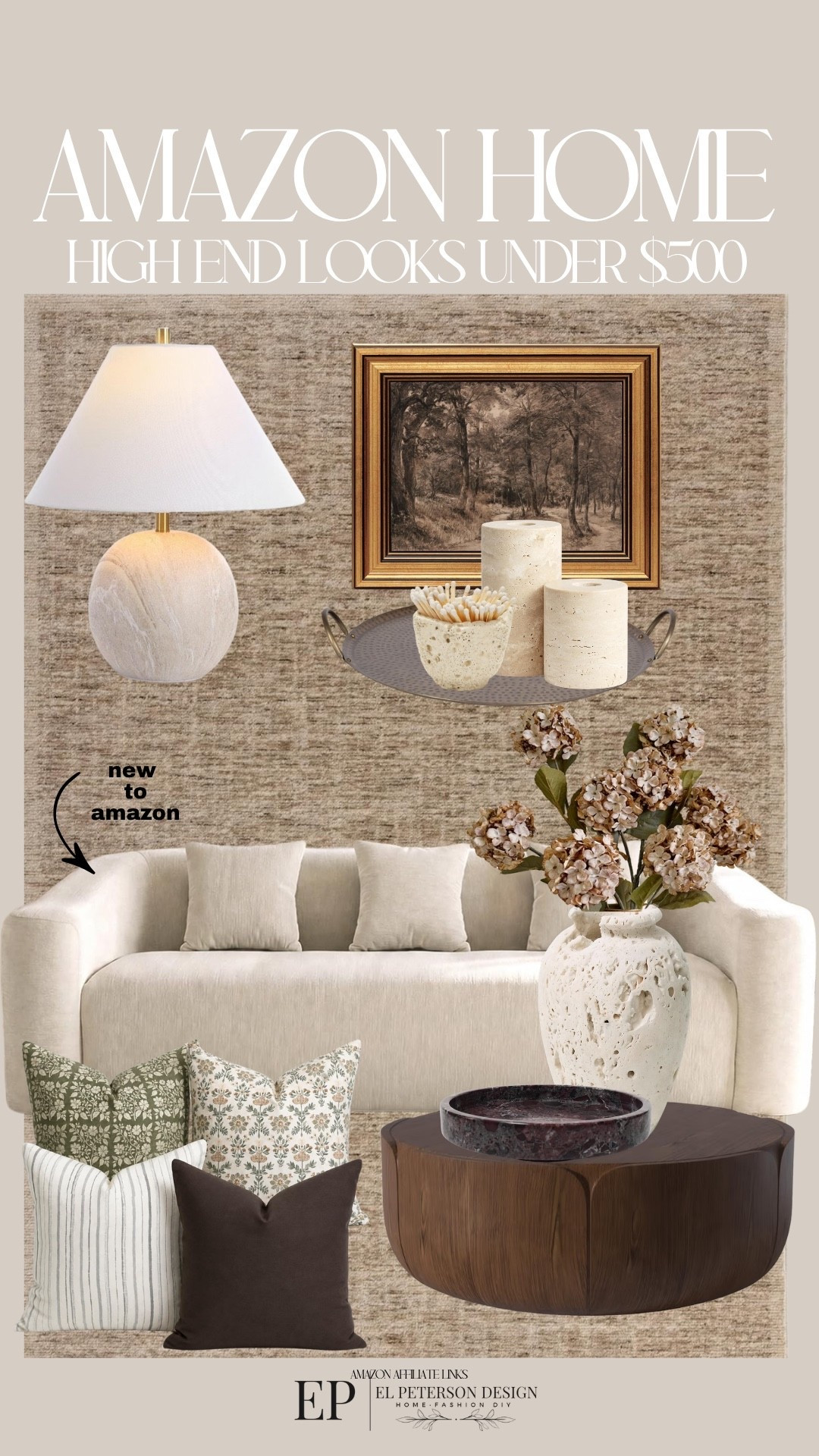 Amazon
Table lamp
Stems
Sofa 
Pillows
Bowl
Candle holder
Match holder
Coffee table 
Tray
Vase

#LTKHome