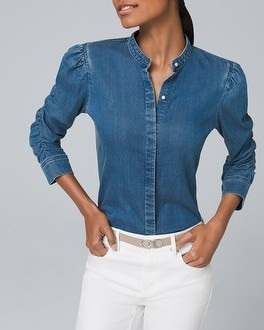 Ruched-Sleeve Denim Shirt | White House Black Market