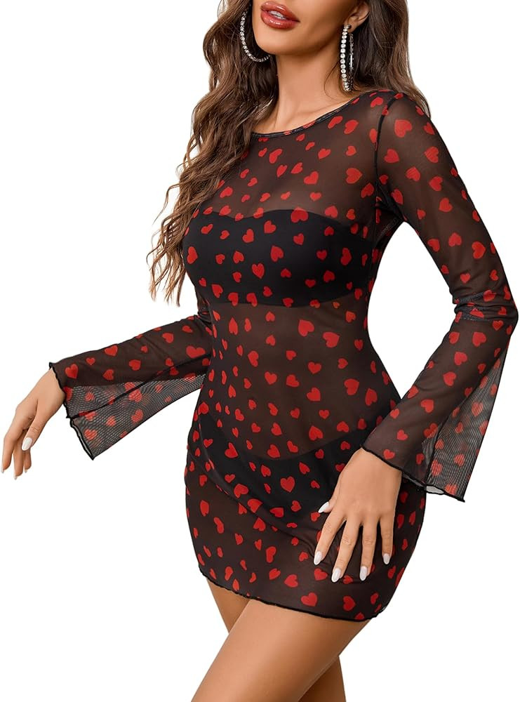 Avidlove Women's Mesh Dress Backless Bell Sleeve Party Clubwear Mini Bodycon Dresses | Amazon (US)