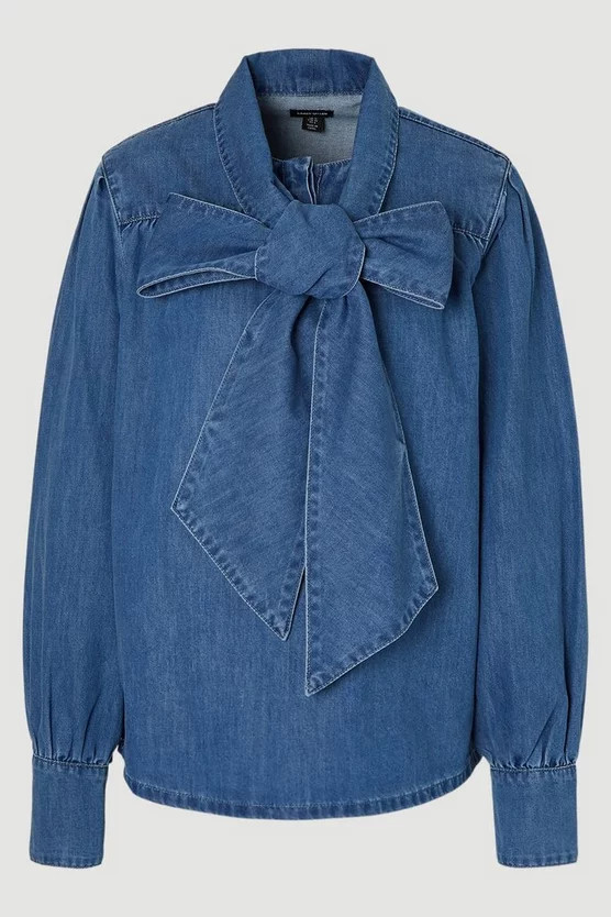 Denim Pussybow Blouse | Karen Millen US