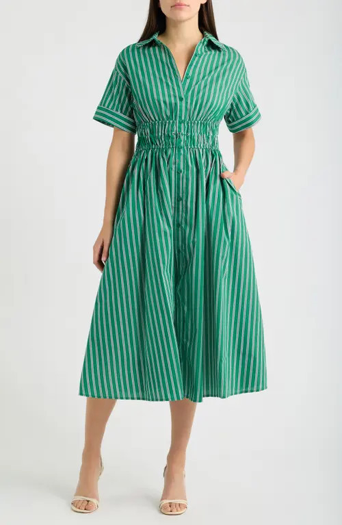 En Saison Stripe Drawcord Waist Shirtdress in Green Stripe at Nordstrom, Size X-Large | Nordstrom