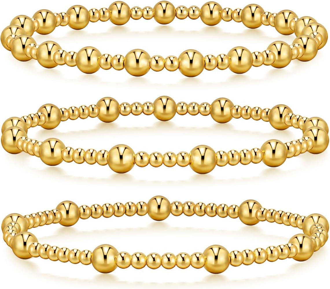 Gold Bracelets for Women Gold Bracelet Stack Gold Beaded Bracelets for Women 18K Gold Plated Stre... | Amazon (US)
