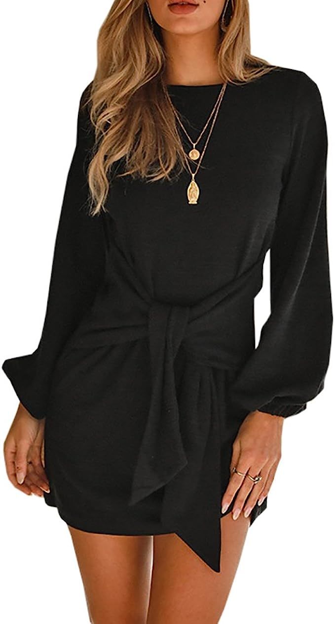 Imysty Womens Dresses Casual Tie Front Lantern Sleeve Party Short Mini Pencil Dress | Amazon (US)