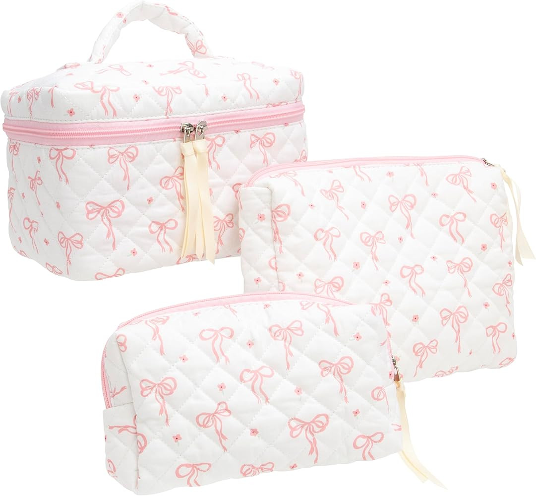 3PCS Makeup Bag SET Large Travel Quilted Zipper Soft Cosmetic Case Pouch for Women Girls Make Up,... | Amazon (US)