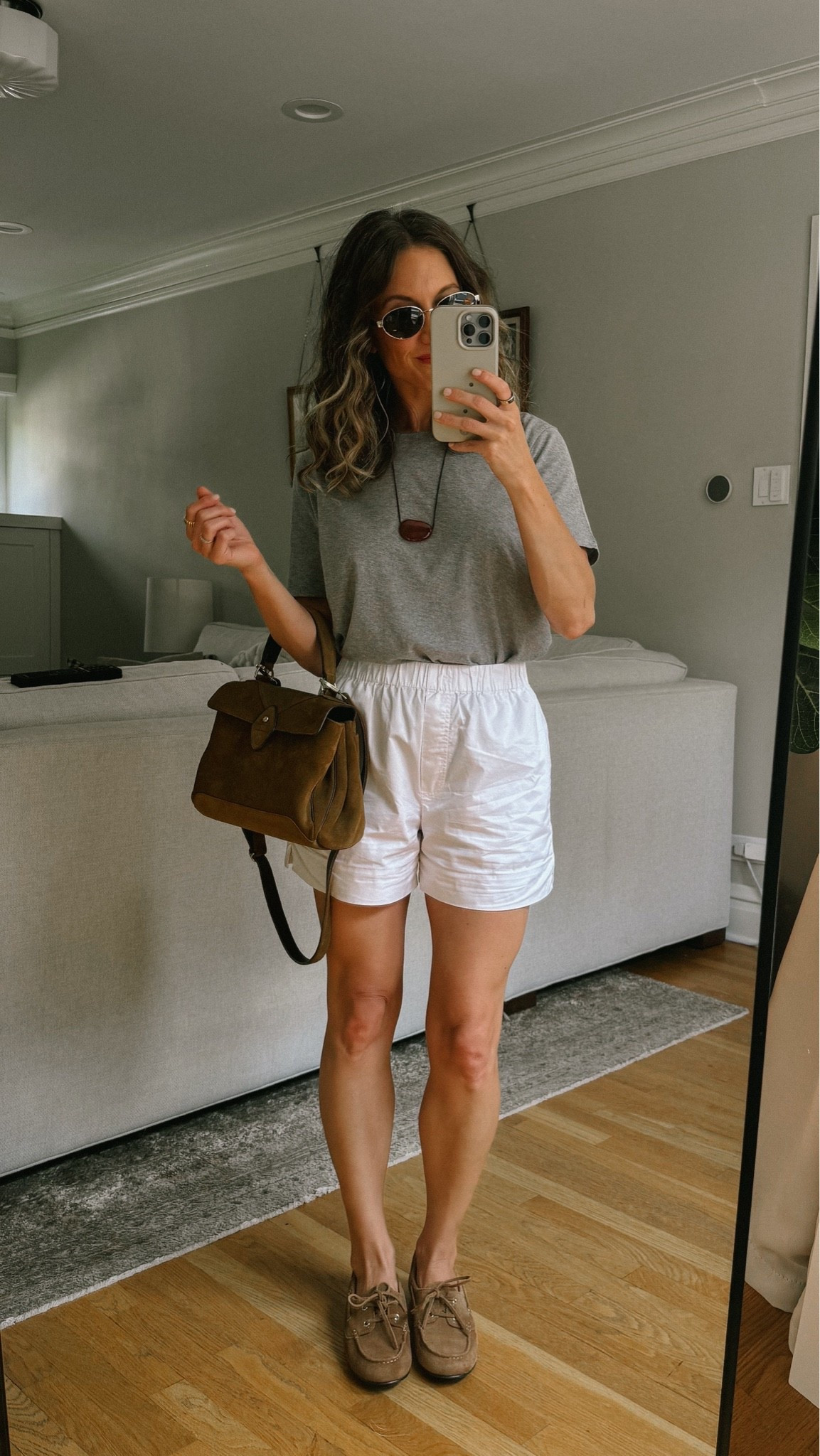 Sèzane tee, S, I sized up. Sold Out NYC poplin shorts. Old Madewell boat shoes, similar linked. Quince sunglasses. Heaven Mayhem necklace. Bag gifted from Claris Virot - message me for link!

#LTKmomlife #LTKOver40 #LTKSeasonal