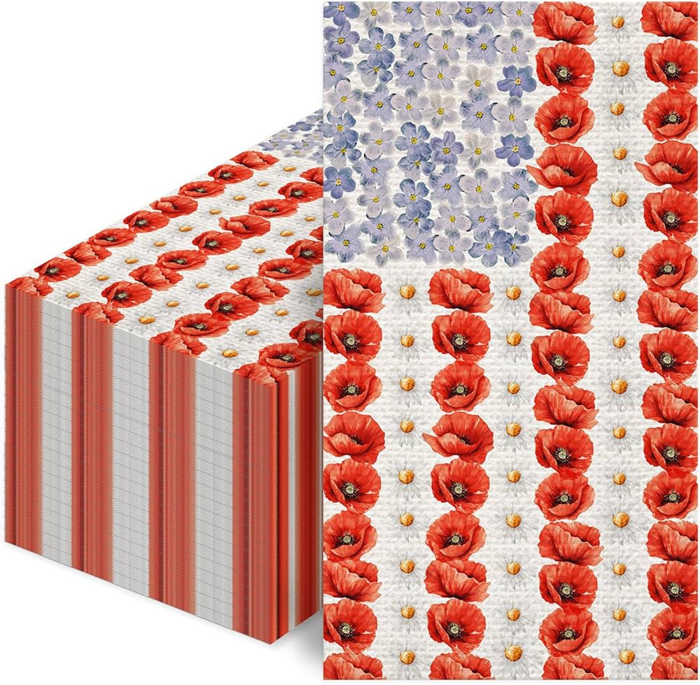 50 Pcs 4th of July Paper Napkins, American Flag Disposable Patriotic Cocktail Napkins with Red Wh... | Amazon (US)