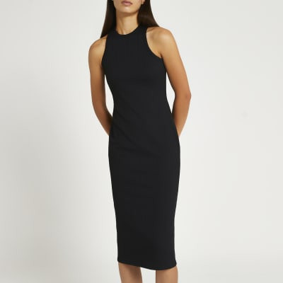 Black ribbed racer back midi dress | River Island (UK & IE)
