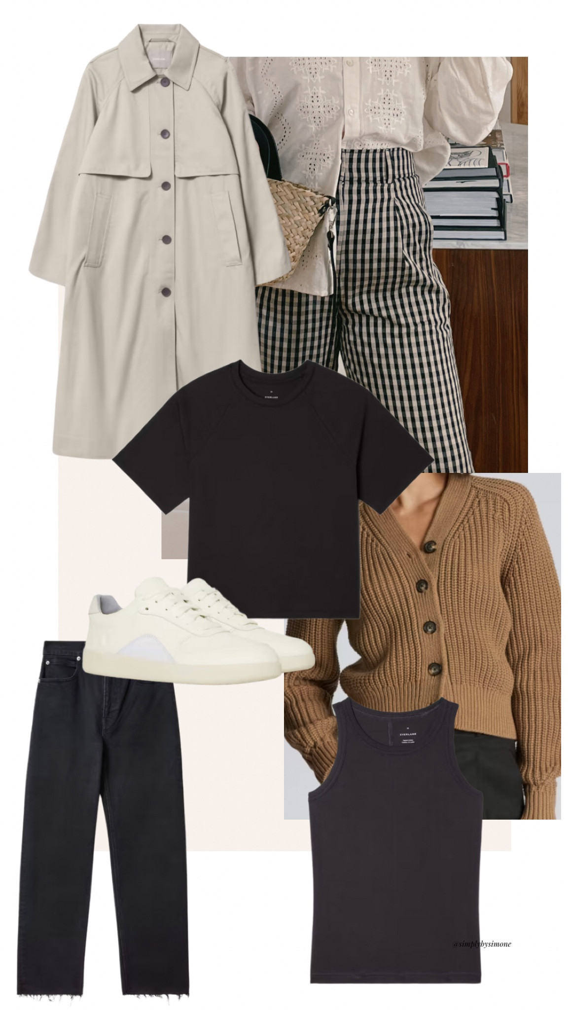Everlane sale, everlane summer sale, everlane max trench coat, everlane tshirt, white sneakers, brown knit cardigan 