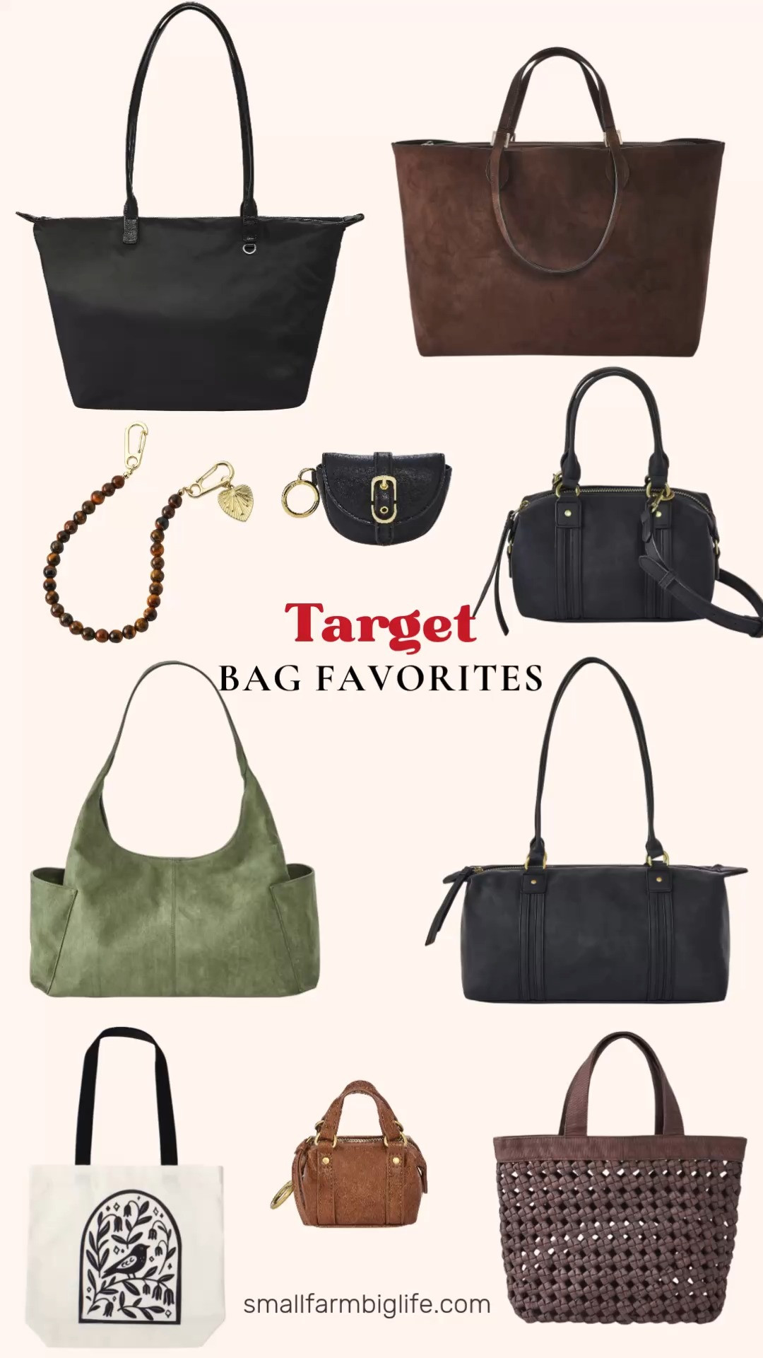 New Target bag favorites are here and I am loving this fall ready lineup! The faux suede dual strap tote and the distressed faux leather satchel in both regular and crossbody sizes are perfect everyday bag options. I am also obsessed with the sage green suede shoulder bag, the carry all tote, and the waxed cotton woven cord tote for something a little different. Don't skip the bag charms either, the heart and beaded charm, flap buckle card pouch, and mini satchel charm are all easy ways to dress up a plain bag. Shop it all right here on my LTK. 

 #LTKgrwm #LTKootd #LTKOver40