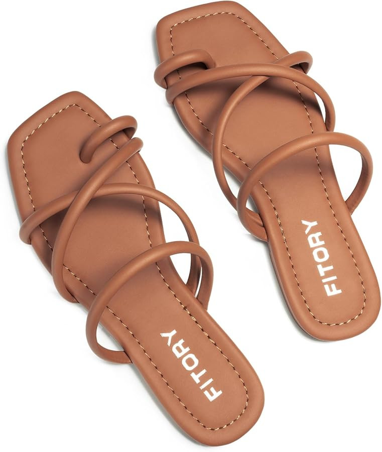 FITORY Women's Slide Sandals Flat Toe Ring Thongs with Cross Strap for Summer Size | Amazon (US)