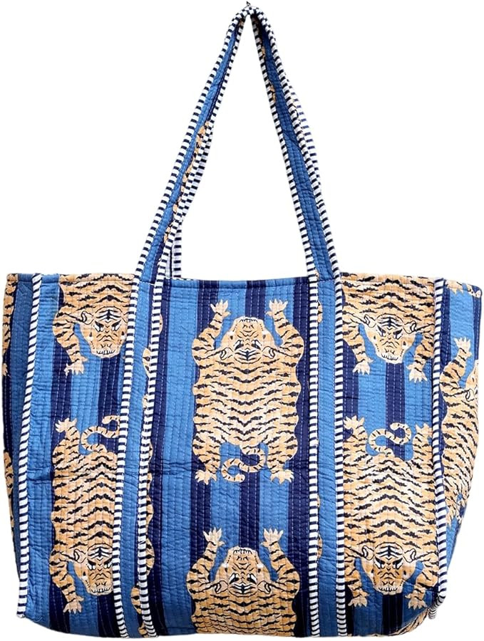 YILLE Cotton Quilted Floral & Tiger Print Tote Bag, 18 x 18 inches For Grocery Shopping, Travel | Amazon (US)