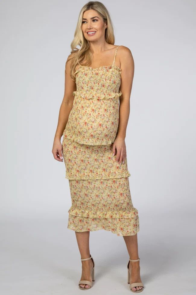 Yellow Floral Chiffon Smocked Fitted Maternity Midi Dress | PinkBlush Maternity