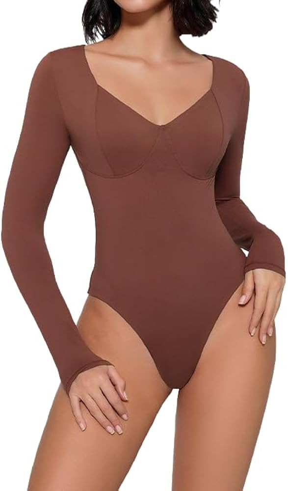 Avidlove Bodysuit for Women Long Sleeve Double Lined Tank Top V Neck Bodysuit Tummy Control Shape... | Amazon (US)