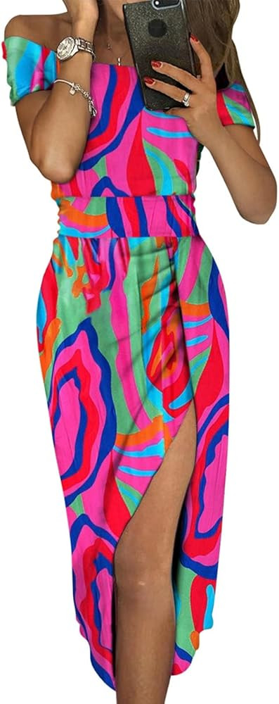 Sidefeel Women's Casual Off The Shoulder Floral Print High Slit Ruched Bodycon Evening Party Dres... | Amazon (US)